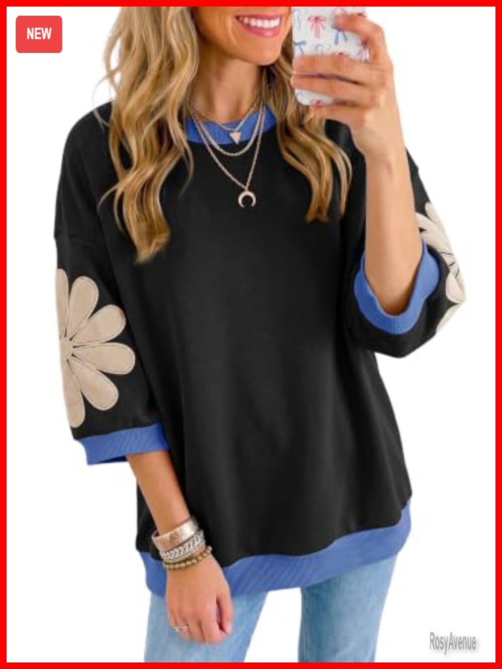 Womens Floral Patch Sweatshirt 3/4 Sleeve Crewneck Pullover Oversized Fit